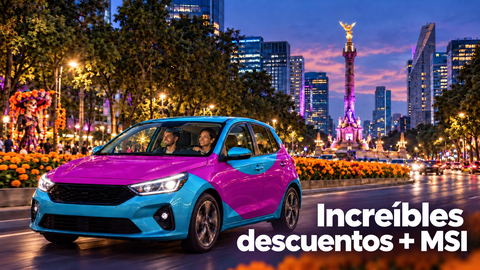Auto en morado y azul en Paseo de la Reforma entre flores de cempasúchil, con el texto «Increíbles descuentos + MSI».